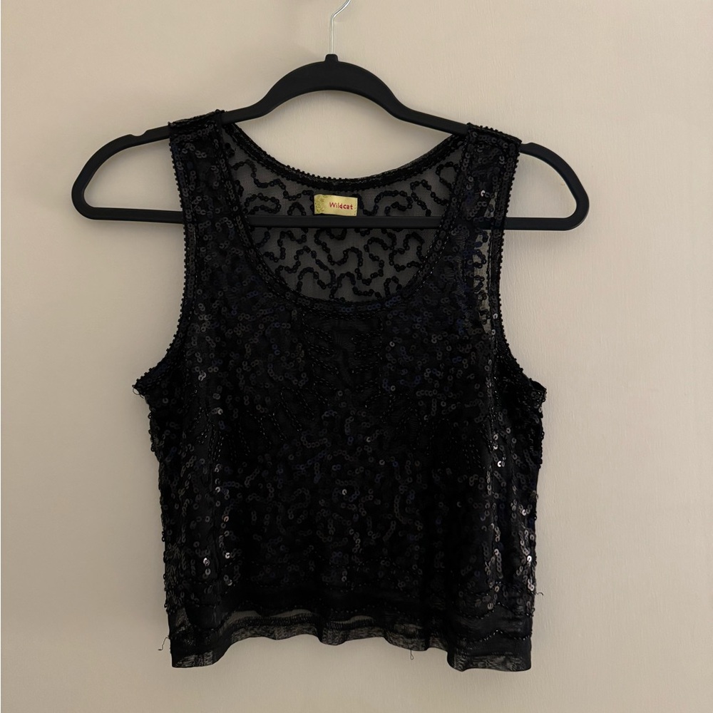 Sequin black mesh tank top size small